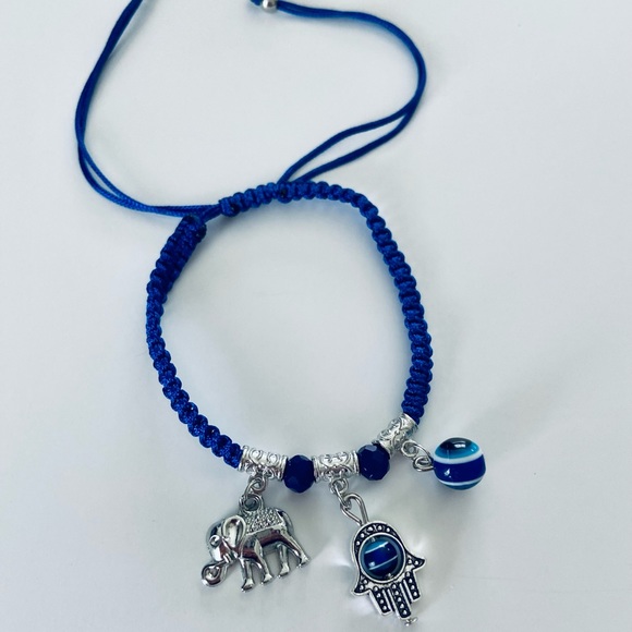 NWT🧿Blue/Silver Evil Eye, Hamsa Hand &Good Luck Elephant Charm Adjust Bracelet - Picture 1 of 6